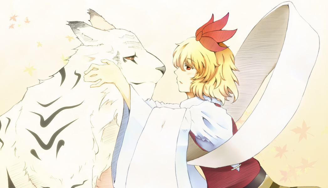 artist_request autumn blond face_to_face hair_ornament headdress k.shiraishi red_eyes shawl short_hair solo stare tiger toramaru_shou touhou undefined_fantastic_object white_tiger youkai