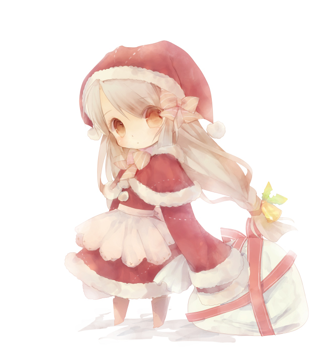 brown_eyes brown_hair chibi giftbag hat icc long_hair oversized_clothes santa_costume santa_hat