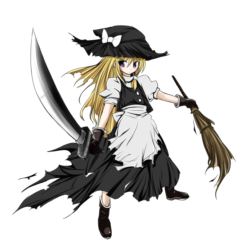 blonde_hair blue_eyes blush broom dissidia_final_fantasy dual_wielding final_fantasy glaring hat izumi_yuuji izumi_yuuji_(trace_kouhosei) kirisame_marisa long_hair parody solo sword torn_clothes touhou weapon