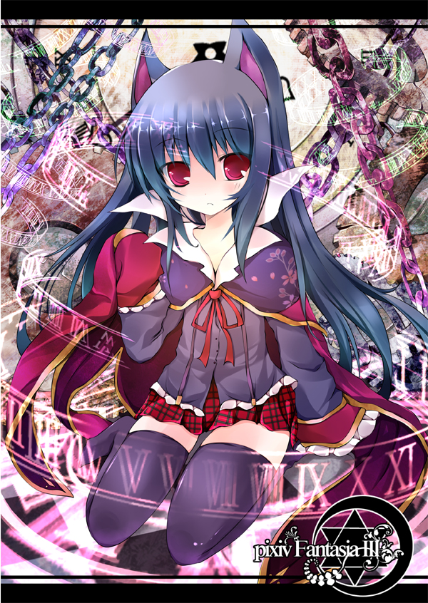 bad_id cape hoshikuzu kneeling long_hair pixiv pixiv_fantasia pixiv_fantasia_3 plaid red_eyes ribbon skirt tartan thigh-highs thighhighs