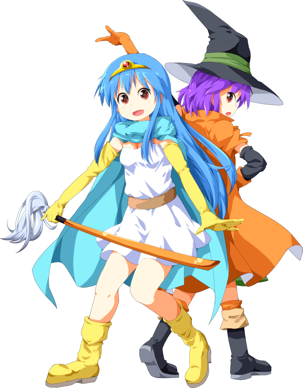 alternate_costume back-to-back belt blue_hair boots cape circlet cosplay crossover dragon_quest dragon_quest_iii dress elbow_gloves gloves hat highres hinanawi_tenshi long_hair looking_at_viewer looking_back mage_(dq3) mage_(dq3)_(cosplay) multiple_girls nagae_iku open_mouth purple_hair red_eyes sage_(dq3) sage_(dq3)_(cosplay) scarf short_hair simple_background smile sword sword_of_hisou thighhighs touhou transparent_background tsurukou_(tksymkw) weapon witch_hat yellow_gloves