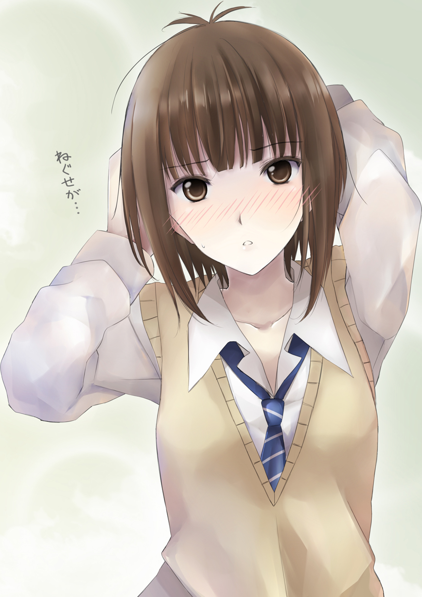 1girl blush brown_eyes brown_hair hands_on_head open_mouth seifuku shichouson short_hair shy solo sukitte_ii_na_yo tachibana_mei tie vest