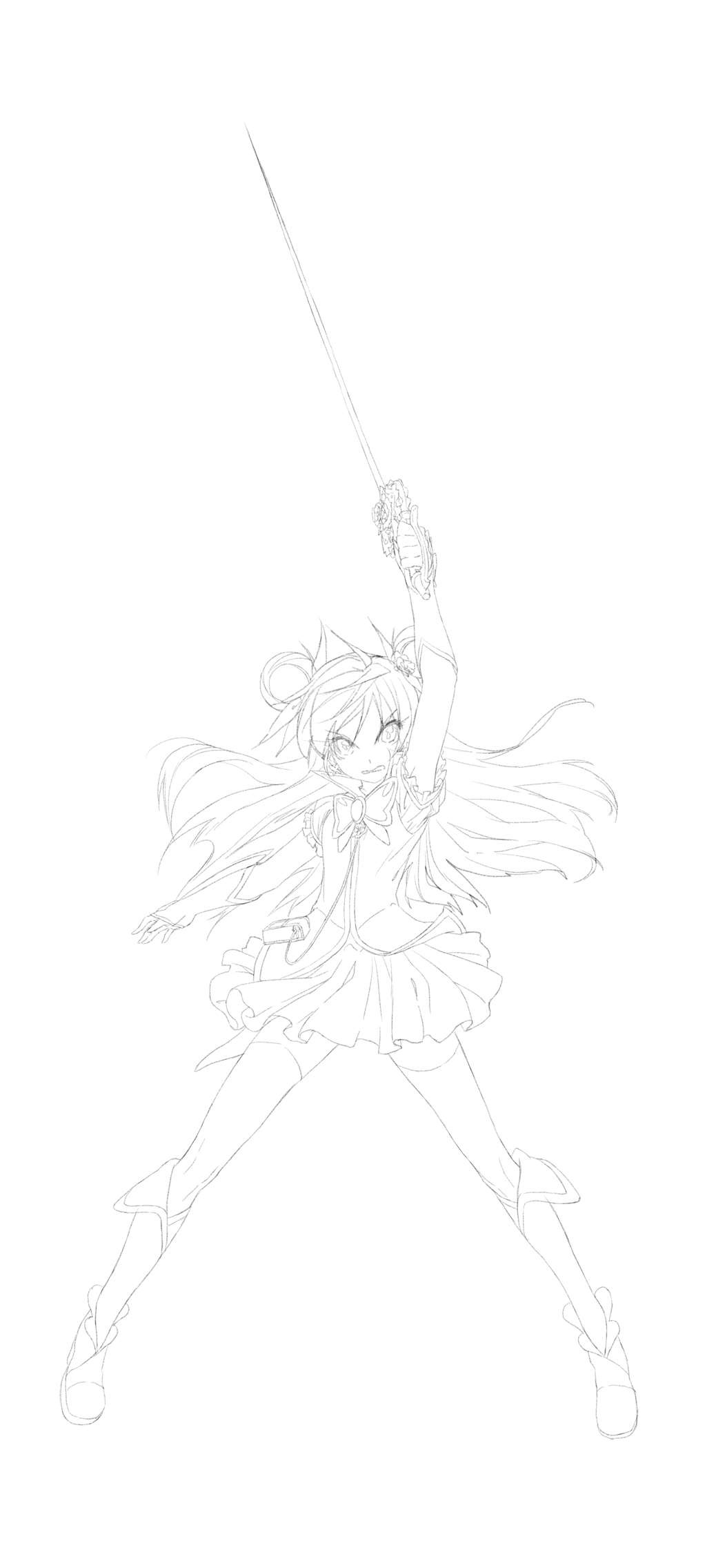1girl archellaura bad_id cure_dream highres lineart long_hair looking_at_viewer magical_girl monochrome precure skirt solo sword weapon yes!_precure_5 yumehara_nozomi