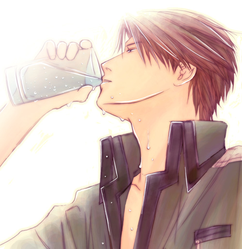 brown_hair conrad_weller drinking drinking_glass dripping kyou_kara_maou! male short_hair solo sweat