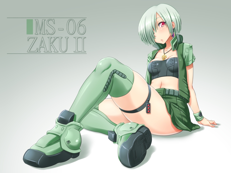 arm_support boots breasts character_name crop_top earrings green_hair gundam hair_over_one_eye jewelry mecha_musume midriff mobile_suit_gundam navel necklace personification red_eyes shikuta_maru short_hair sitting solo thigh-highs thigh_boots thighhighs vest zaku zaku_ii