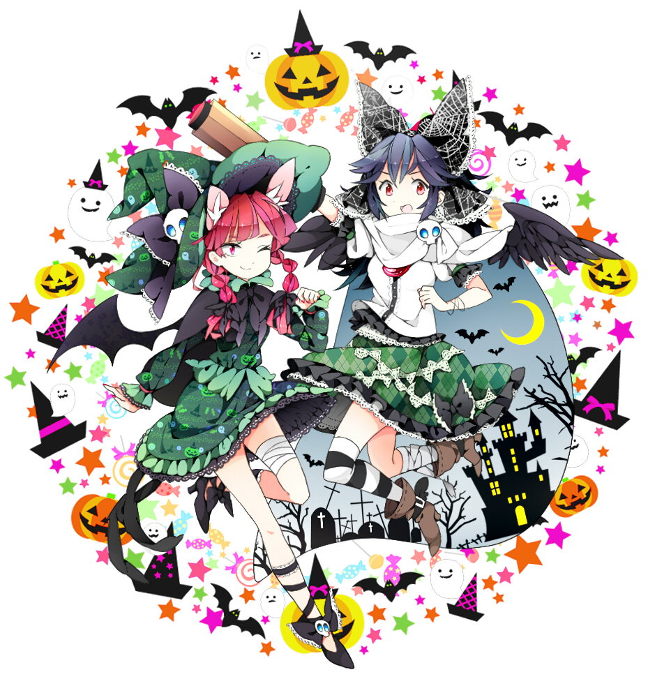 2girls animal_ears arm_cannon bandage bandages bat black_hair boots bow braid candy castle cat_ears cat_tail crescent_moon cross dress extra_ears ghost grave_stone hair_bow halloween hat jack-o'-lantern kaenbyou_rin lollipop miy moon multiple_girls red_eyes red_hair redhead reiuji_utsuho single_thighhigh skirt smile striped striped_legwear tail thigh-highs thighhighs tombstone touhou twin_braids weapon wink witch_hat