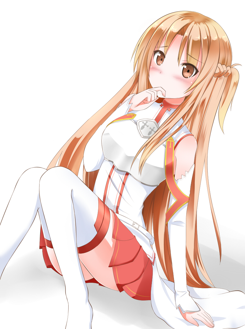 asuna_(sao) bare_shoulders blush breastplate brown_eyes brown_hair catstudio_(artist) detached_sleeves hand_to_mouth long_hair skirt solo sword_art_online thigh-highs thighhighs white_background white_legwear