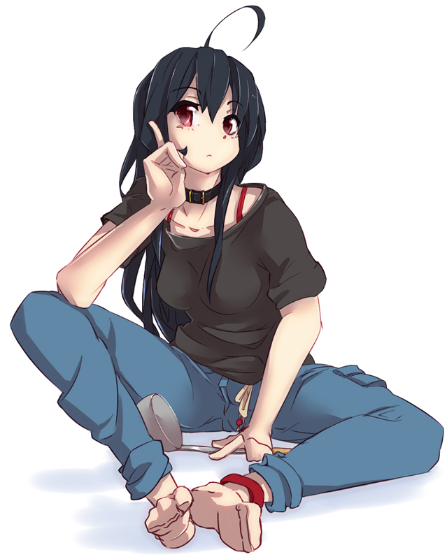 ahoge black_hair bra_strap butterfly_sitting chin_rest choker chuunibyou_demo_koi_ga_shitai! hsuante ladle long_hair looking_at_viewer pants pants_rolled_up red_eyes shadow simple_background sitting solo t-shirt takanashi_toka takanashi_tooka takanashi_touka