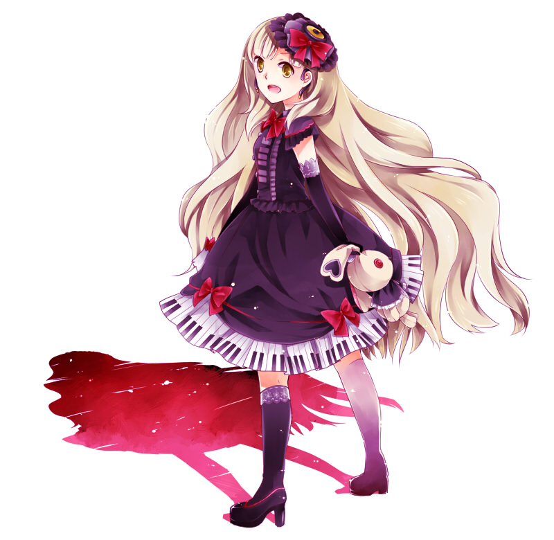 asagi_(seal47) blonde_hair elbow_gloves gloves high_heels long_hair looking_back mayu_(vocaloid) open_mouth shadow shoes solo vocaloid white_background