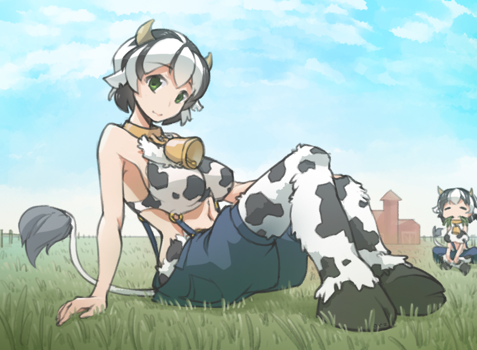 animal_ears arm_support bare_shoulders bell bell_collar black_hair blue_sky bra breasts collar cow_ears cow_girl cow_print cow_tail drawfag eating field fur grass green_eyes holstaurus hooves horns indian_style large_breasts monster_girl monster_girl_encyclopedia multicolored_hair multiple_girls navel orz_(orz57) short_hair shorts sitting sky smile suspenders tail two-tone_hair underwear white_hair
