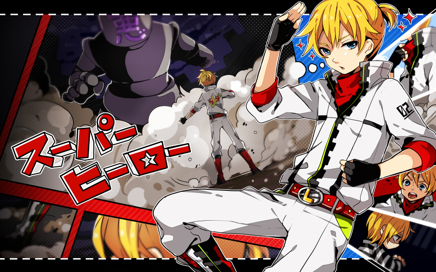 1boy 2 alternate_hairstyle arms_up belt black_boots black_gloves blonde_hair boots clenched_hand fingerless_gloves gloves hair_between_eyes hair_down halftone head_tilt jacket kagamine_len looking_at_viewer male multiple_persona number open_mouth pants parted_lips ponytail prison_clothes prison_uniform shaded_face short_ponytail smoke sparkle standing_on_one_leg star super_hero_(vocaloid) tama_(songe) teeth thought_bubble title_drop vocaloid