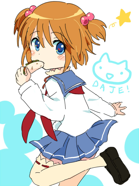 blue_eyes brown_hair eating gum_(vivid_garden) kataoka_yuuki saki school_uniform serafuku short_hair short_twintails taco twintails