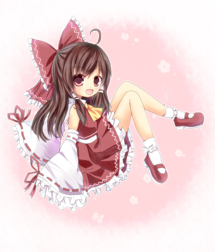 1girl ascot bow brown_hair detached_sleeves hair_bow hair_tubes hakurei_reimu long_hair mary_janes open_mouth payot red_eyes shoes skirt sleeves_past_wrists smile solo touhou wide_sleeves yuuhagi_(amaretto-no-natsu)