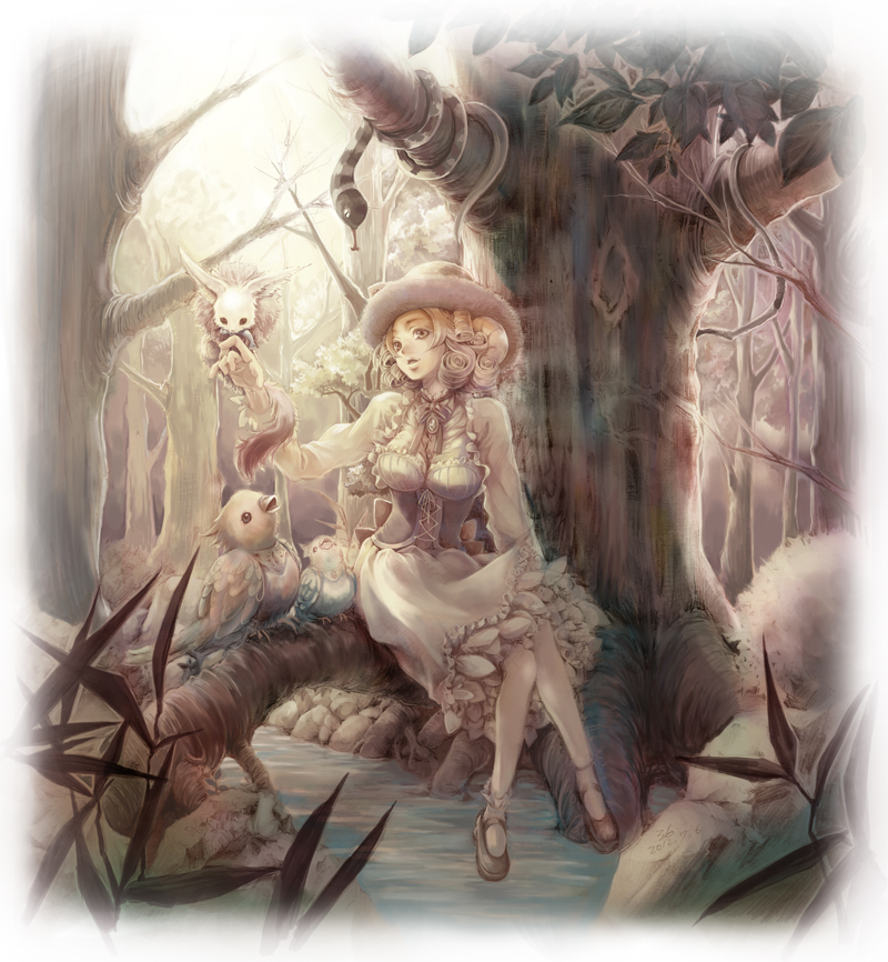 animal bird blonde_hair curly_hair dress forest hat long_hair murmu nature open_mouth original ribbon short_hair sitting snake solo