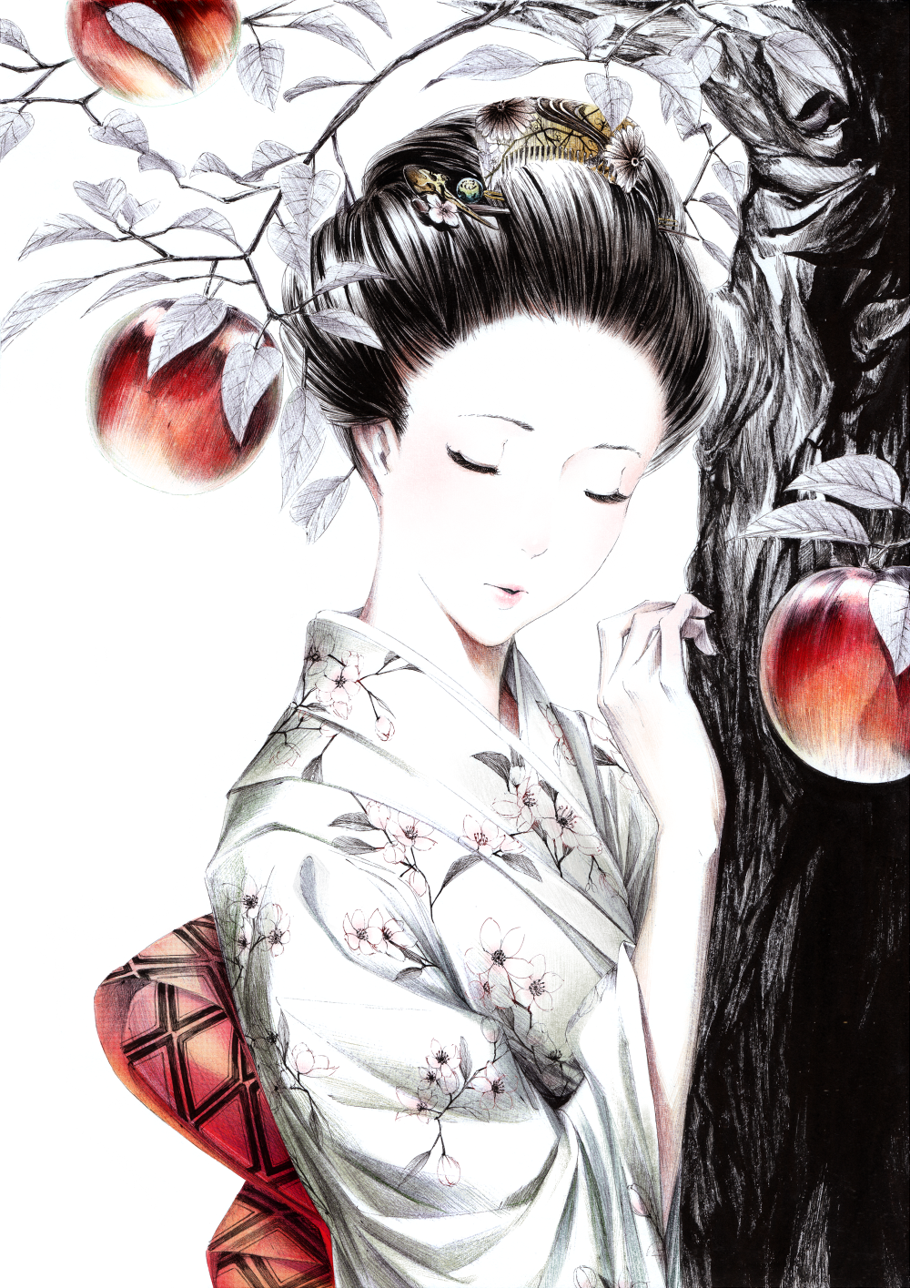apple ballpoint_pen_(medium) black_hair cherry_blossoms closed_eyes eyes_closed female floral_print food fruit hair_ornament hairpin highres japanese_clothes kimono monochrome original resized sawasawa solo spot_color traditional_media tree white_skin