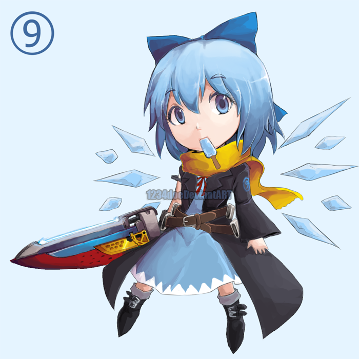 &#9320; ? advent_cirno blue_eyes blue_hair bow chibi cirno dress hair_bow ice ice_wings mouth_hold multiple_belts popsicle scarf solo sword touhou venomousblaze watermark weapon web_address wings Ã¢â€˜Â¨ â‘¨