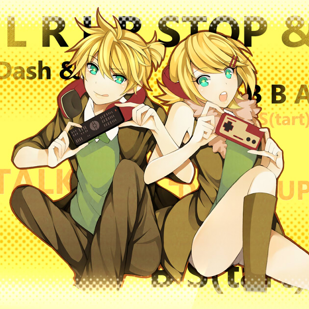 1girl :q aqua_eyes blonde_hair brother_and_sister controller headphones headphones_around_neck kagamine_len kagamine_rin looking_at_viewer nes project_diva project_diva_f remote_control rimocon_(vocaloid) short_hair siblings smile tongue vocaloid