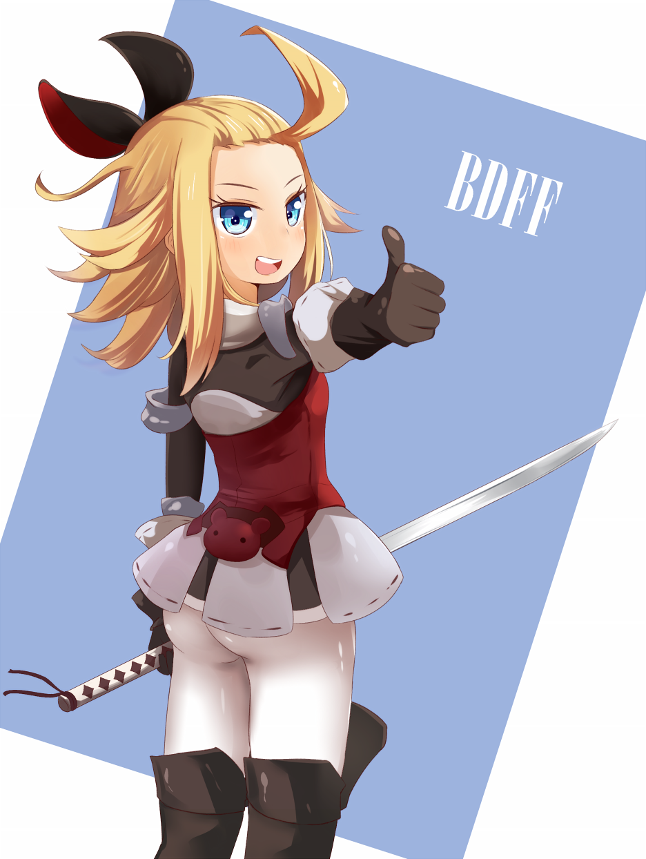 armor armored_dress ass blonde_hair blue_background blue_eyes boots bravely_default:_flying_fairy bravely_default_flying_fairy cupen edea_lee gloves highres huge_ass katana long_hair pantyhose solo sword tights title_drop weapon wide_hips