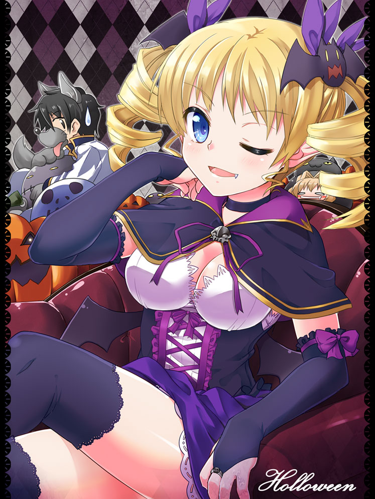 1girl ;d bat bat_hair_ornament black_hair blonde_hair blue_eyes breasts bridal_gauntlets cleavage crossed_legs drill_hair fang halloween koihime_musou long_hair open_mouth sitting smile sousou thigh-highs thighhighs twin_drills wink