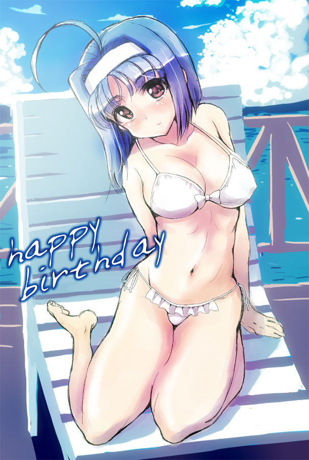 ahoge amari_yuki barefoot bikini blue_eyes blue_hair breasts brown_eyes cleavage hairband head_tilt kaitou_tenshi_twin_angel kannazuki_aoi lounge_chair navel short_hair side-tie_bikini sitting solo swimsuit wariza white_bikini