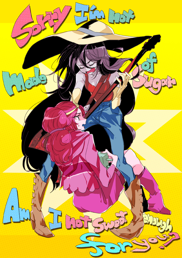adventure_time bass_guitar black_hair boots breasts cleavage closed_eyes crown english eyes_closed gloves hat high_heels instrument jeans long_hair marceline multiple_girls open_mouth pigeon-toed pink_hair princess_bubblegum profinle shoes sitting sun_hat sweatdrop tank_top tima very_long_hair