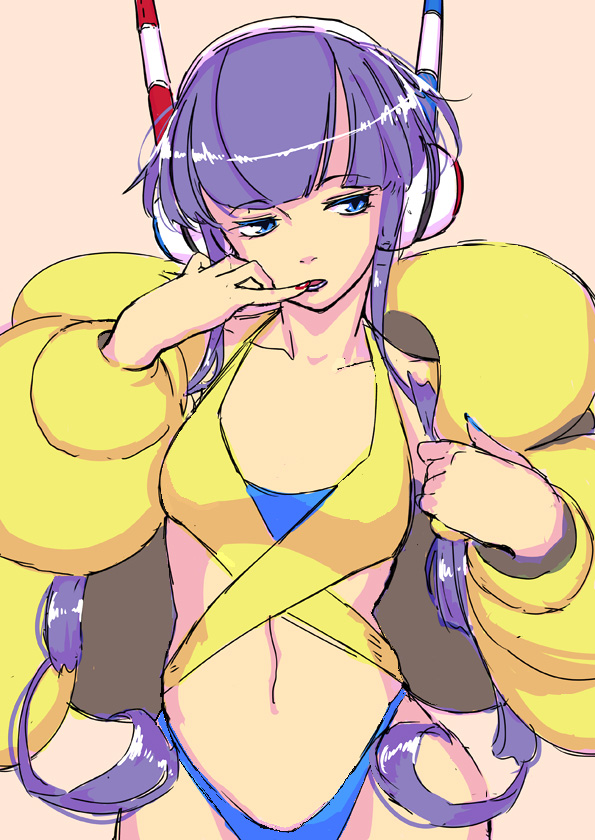 bare_shoulders black_hair blue_eyes breasts fur_coat gym_leader headphones kamitsure_(pokemon) long_hair midriff miyatsuka_ringorou navel pokemon pokemon_(game) pokemon_bw pokemon_bw2 purple_hair solo