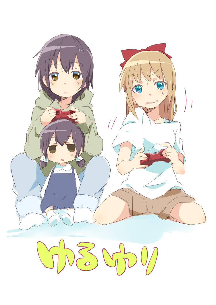 blonde_hair blue_eyes brown_eyes casual controller funami_yui game_controller hoodie long_hair looking_at_viewer mari_(yuru_yuri) multiple_girls open_mouth playing_games short_hair sitting smile sweatdrop t-shirt taneda_yuuta title_drop toshinou_kyouko yuru_yuri