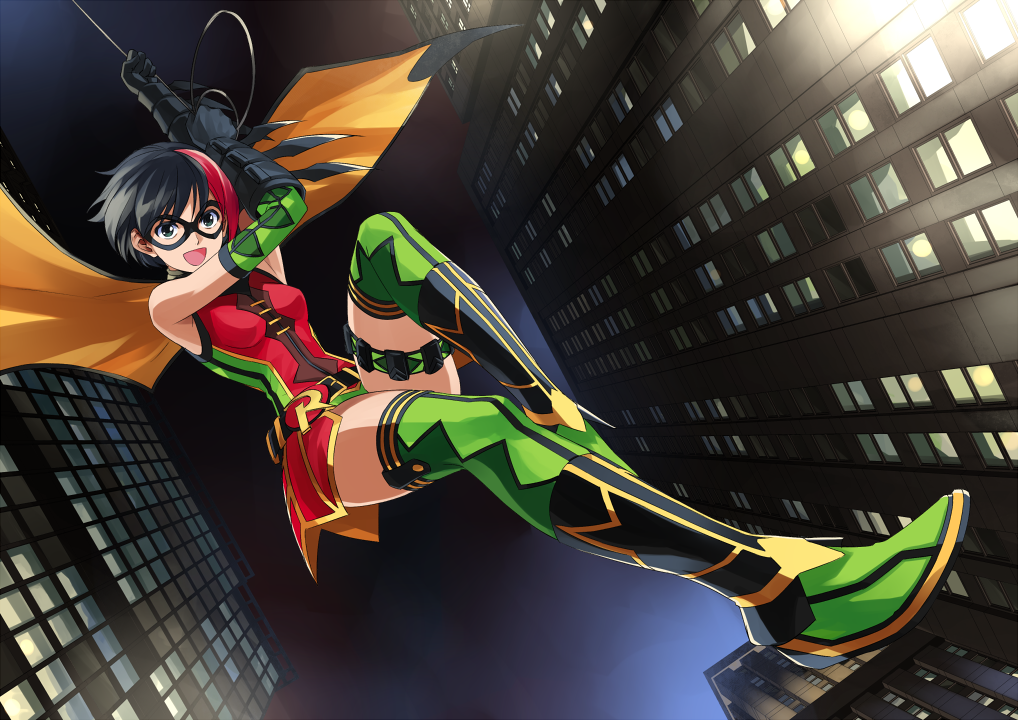 bare_shoulders belt black_hair blue_eyes boots building cape carrie_kelly dc_comics dutch_angle elbow_gloves female garters gloves highlights kriss_sison mask multicolored_hair open_mouth robin_(dc) short_hair skirt sleeveless solo thigh-highs thigh_boots thighhighs two-tone_hair