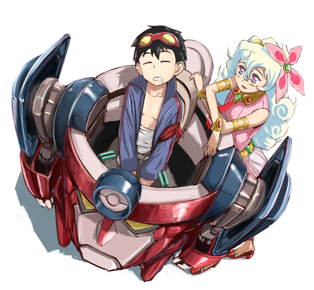 1boy 1girl armband bandage bandages black_hair blue_hair closed_eyes dress eyes_closed flower goggles goggles_on_head hair_flower hair_ornament jewelry lagann long_hair miyatsuka_ringorou multicolored_hair nia_teppelin open_clothes open_shirt saliva simon sleeping smile symbol-shaped_pupils tengen_toppa_gurren_lagann two-tone_hair young