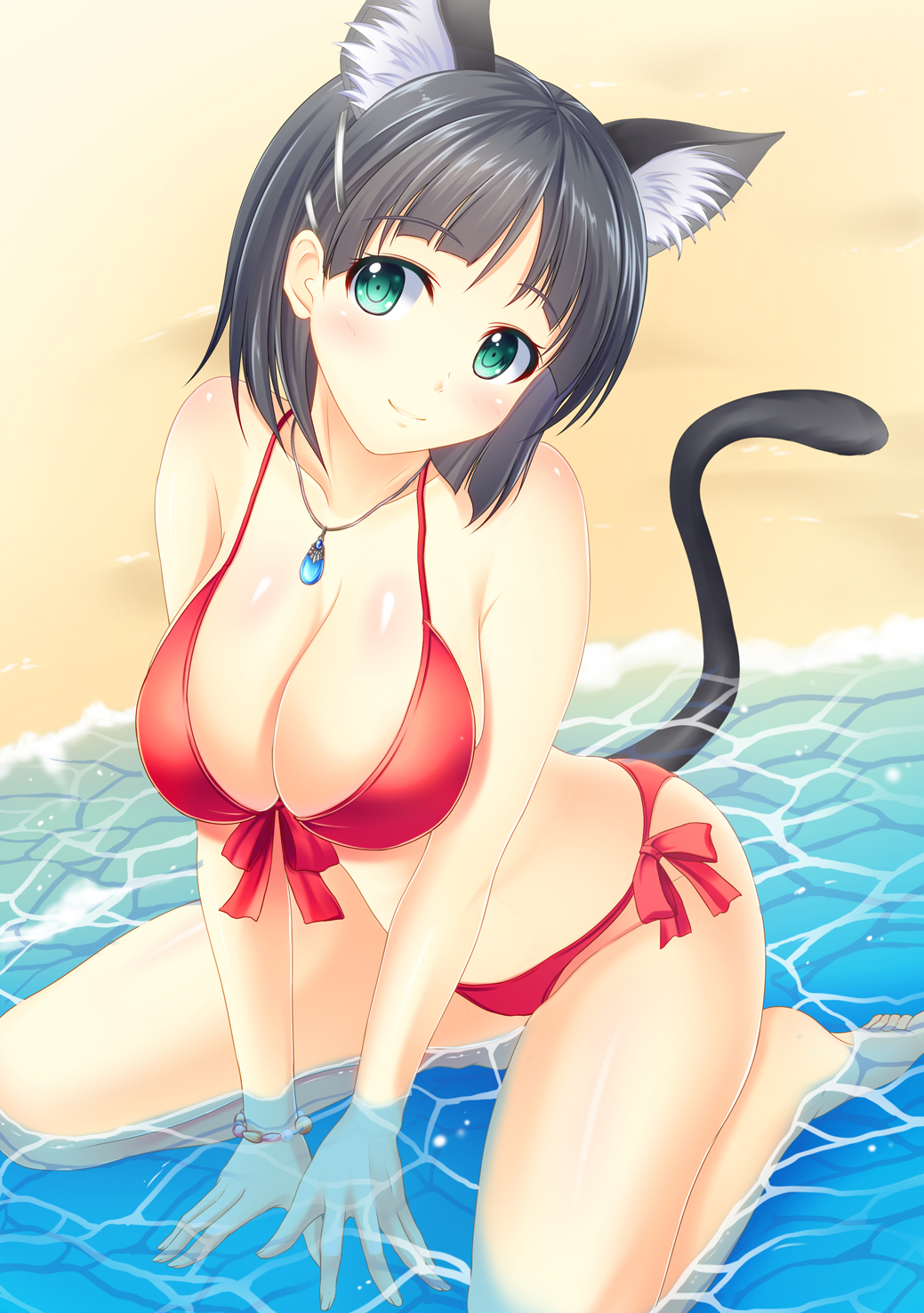 animal_ears arm_support bikini black_hair bracelet breasts cat_ears cat_tail cleavage front-tie_top green_eyes highres jewelry kirigaya_suguha large_breasts looking_at_viewer partially_submerged pasdar pendant red_bikini shiny shiny_skin short_hair sitting smile solo swimsuit sword_art_online tail wariza water