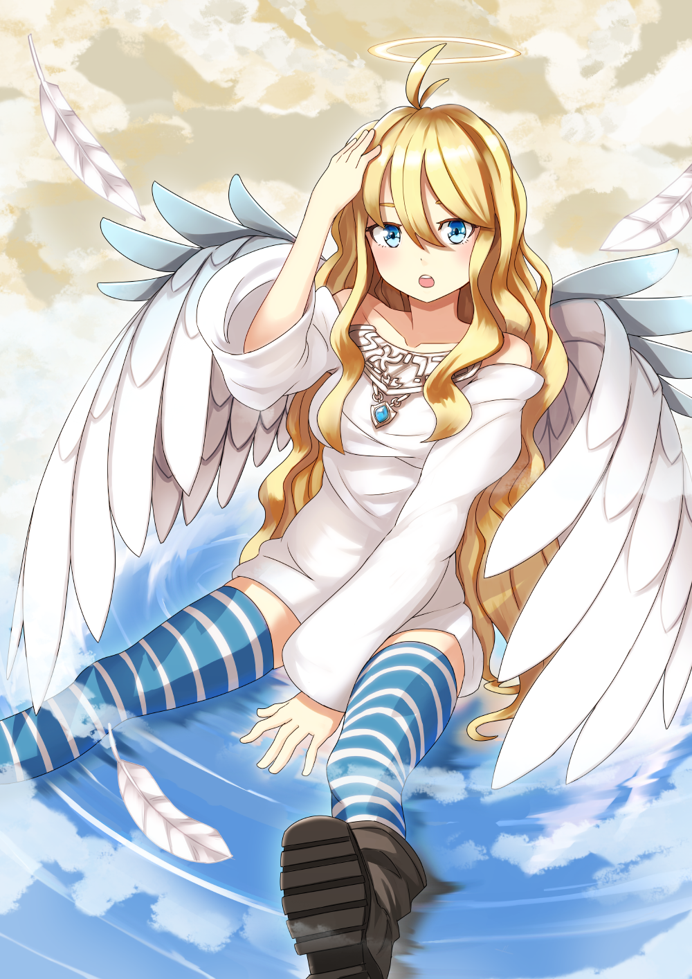 :o angel bad_id blonde_hair blue_eyes boots collarbone halo hand_on_own_head highres long_hair nosuku original solo striped striped_legwear thigh-highs thighhighs white_wings wings