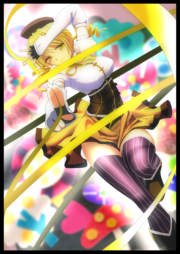 beret blonde_hair breasts corset detached_sleeves drill_hair fingerless_gloves gloves hair_ornament hat ishikkoro long_hair magical_girl mahou_shoujo_madoka_magica outstretched_arms ribbon skirt smile solo striped striped_legwear thigh-highs thighhighs tomoe_mami twin_drills twintails yellow_eyes