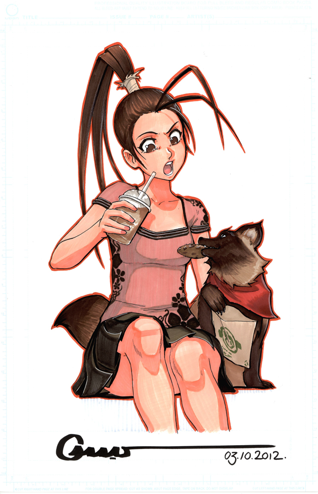 angry bag brown_eyes brown_hair casual cookie cup don_(street_fighter) food ibuki omar_dogan open_mouth paper_bag signature sitting skirt straw street_fighter tanuki
