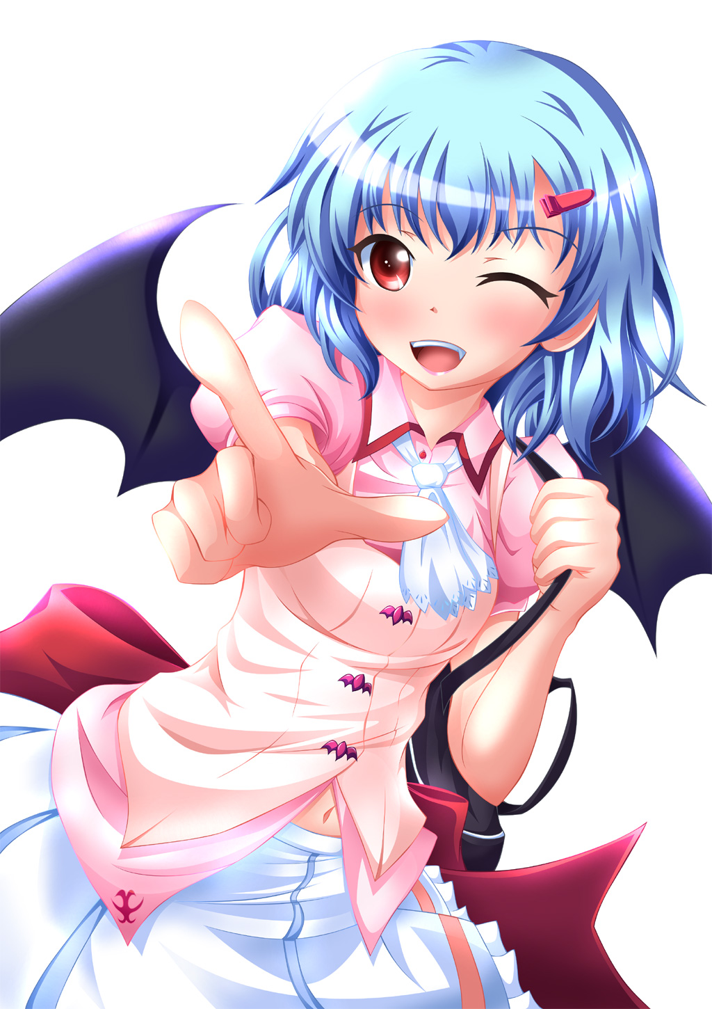 ascot bag bat_wings blue_hair hair_ornament hairclip highres neats no_hat no_headwear open_mouth red_eyes remilia_scarlet short_hair shoulder_bag skirt smile solo touhou wings wink