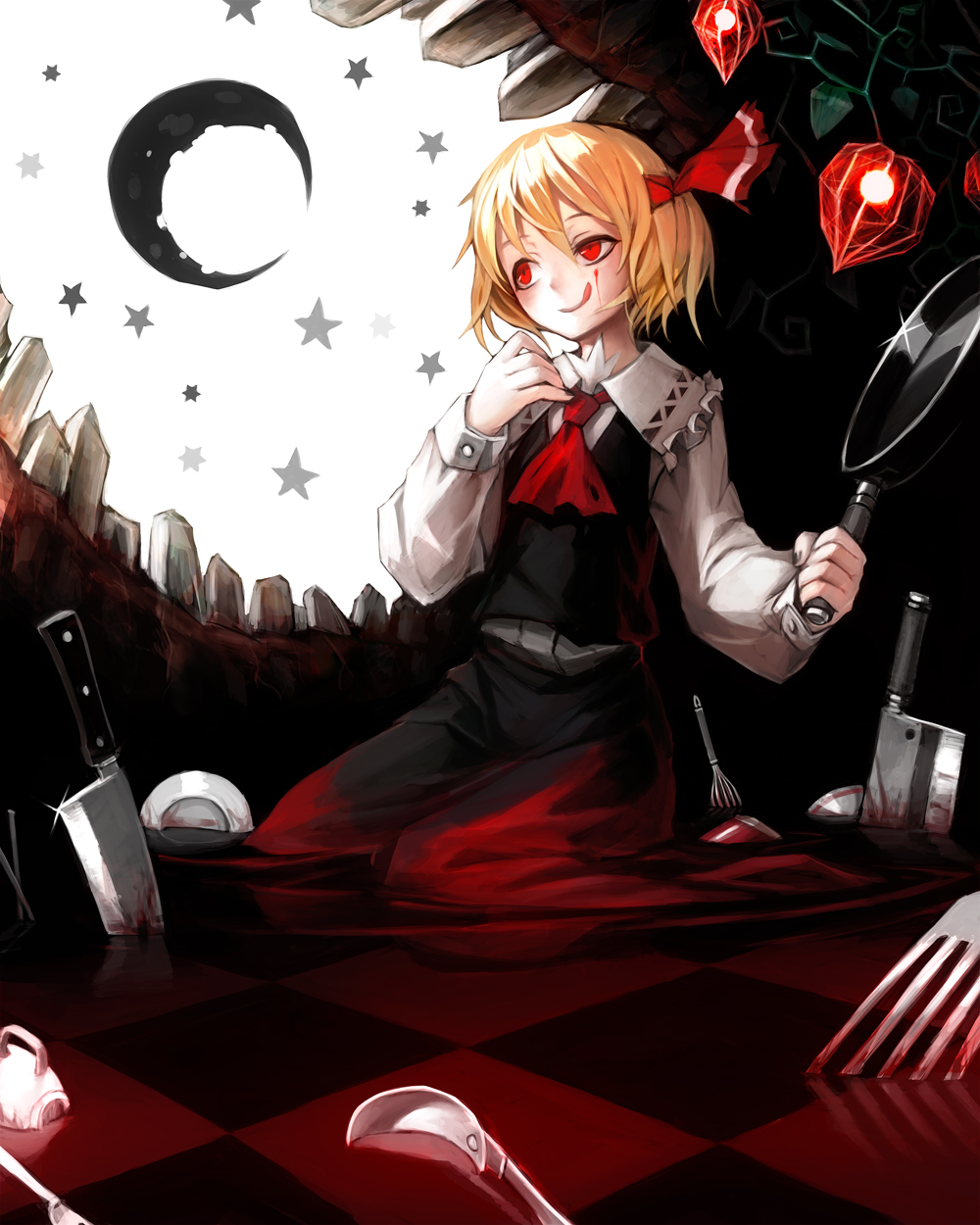 :q blood blood_on_face checkered checkered_floor fork frying_pan highres knife moon rumia solo spark621 tongue touhou