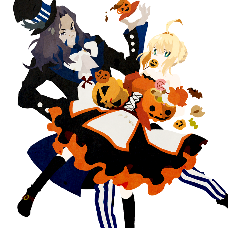 1girl ahoge berserker_(fate/zero) blonde_hair candy costume cravat cup dress fate/zero fate_(series) green_eyes halloween hat jack-o'-lantern jack-o'-lantern kuroihato lollipop long_hair mouth_hold pumpkin purple_hair saber teacup top_hat vertical_stripes