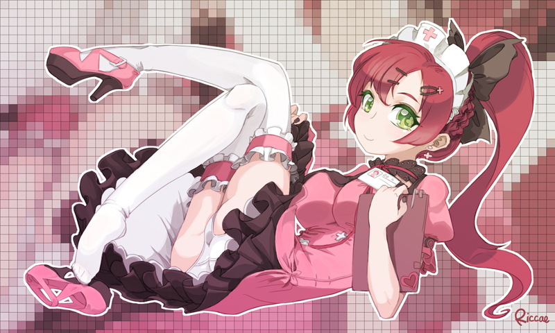 1girl ass breasts green_eyes legs_up looking_at_viewer maid maid_headdress original ponytail red_hair redhead riccae shoe_removed single_shoe smile solo thigh-highs thighhighs thighs white_legwear