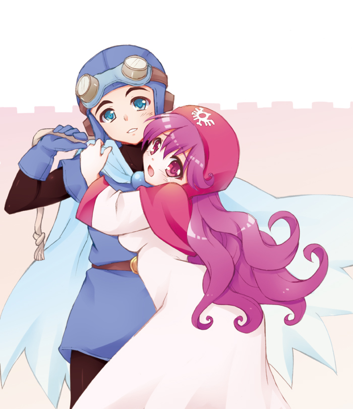 1girl :o blue_eyes cape dragon_quest dragon_quest_ii gloves goggles hat helmet hug kichijou_agata long_hair prince_of_lorasia princess_of_moonbrook purple_eyes purple_hair robe smile violet_eyes