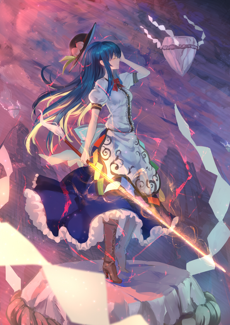 arm_up blue_hair boots closed_eyes cross-laced_footwear eyes_closed food fruit hat hat_removed headwear_removed high_heel_boots high_heels hinanawi_tenshi keystone lace-up_boots long_hair long_skirt peach ryuuzaki_itsu shoes skirt solo standing sword_of_hisou touhou wind
