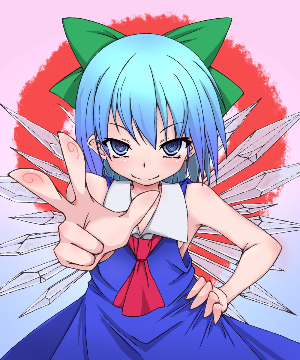 @_@ bare_shoulders blue_eyes blue_hair bow cirno dress hair_bow hand_on_hip highres ice ice_wings kogart looking_at_viewer ribbon short_hair sleeveless smile solo touhou wings