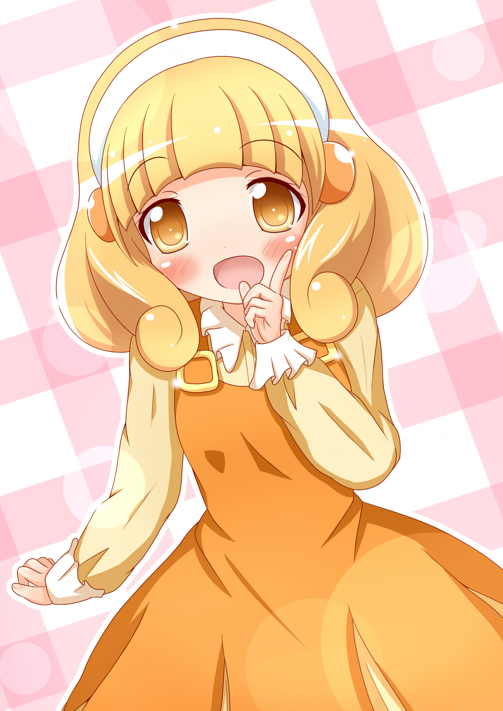 blonde_hair blush checkered checkered_background dress hairband highres kise_yayoi open_mouth precure short_hair smile smile_precure! solo yellow_eyes zenon_(for_achieve)