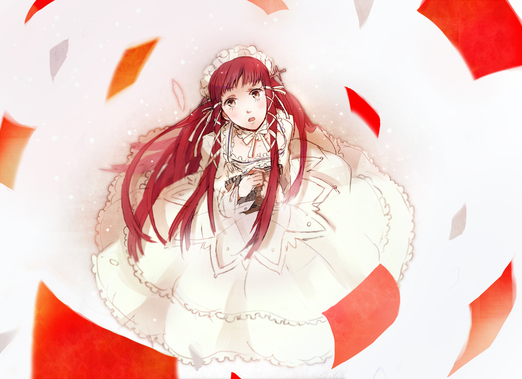 bow dress frills gothic_lolita hair_ribbon lolita_fashion long_hair mentaishi open_mouth persona persona_3 red_hair redhead ribbon solo yoshino_chidori