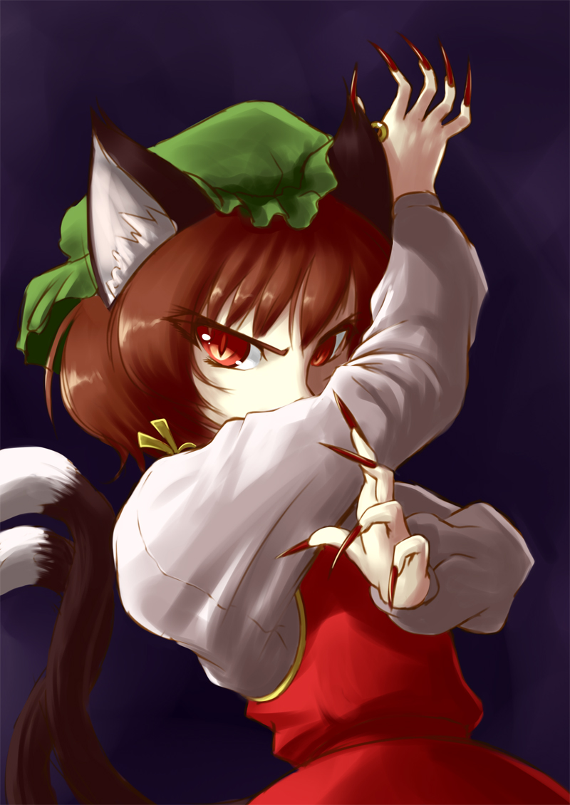 animal_ears brown_hair cat_ears cat_tail chen fingernails hat jewelry long_fingernails long_nails mazume multiple_tails red_eyes short_hair single_earring solo tail touhou