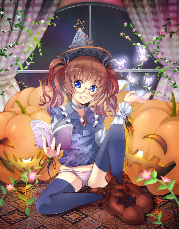 amayofuu black_legwear blue_eyes blush book boots brown_hair butterfly earrings flower glasses grin halloween hat holding holding_book jack-o'-lantern jack-o'-lantern jewelry long_hair looking_at_viewer no_pants open_book original pumpkin ribbon_choker short_hair sitting smile solo star star_earrings thigh-highs thighhighs twintails vertical-striped_legwear vertical_stripes window witch_hat