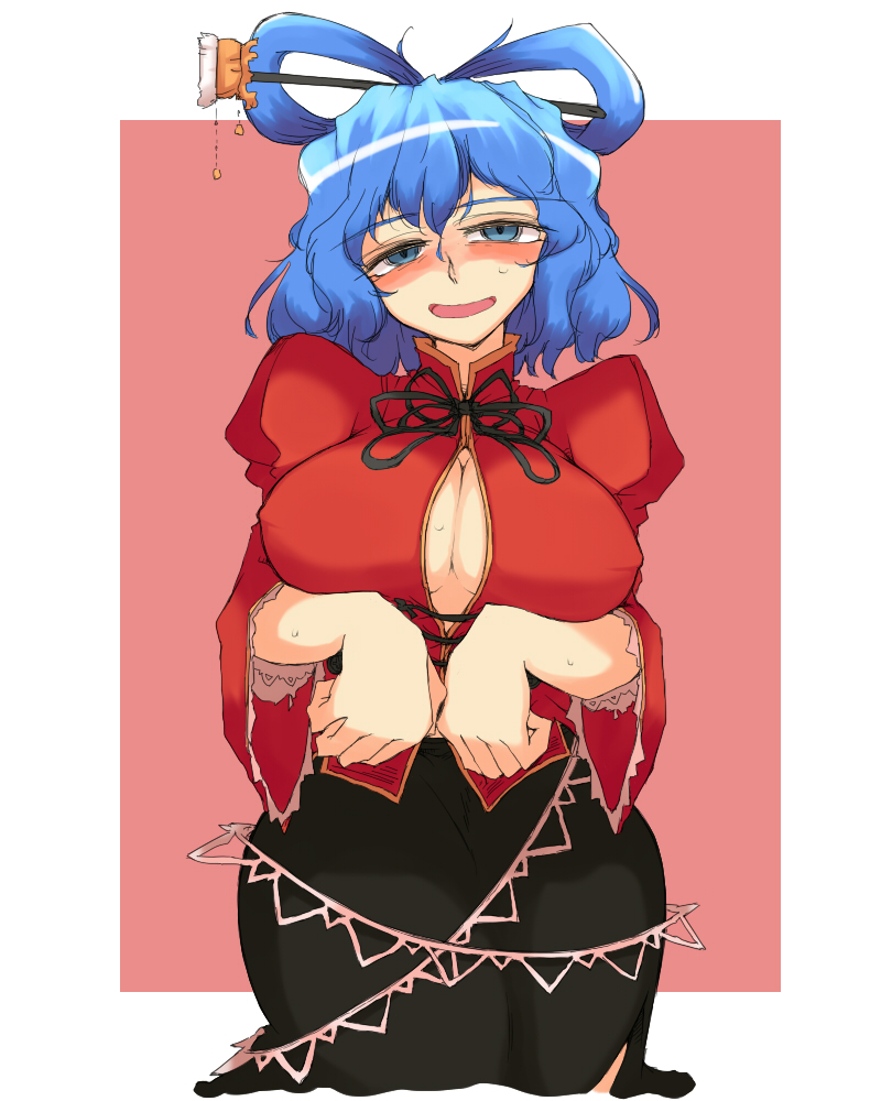 blue_eyes blue_hair blush breast_hold breasts bursting_breasts chinese_clothes chiyoshi_(sevendw) cleavage cleavage_cutout cosplay hair_rings hair_stick kaku_seiga kneeling large_breasts miyako_yoshika miyako_yoshika_(cosplay) solo sweat toe5278 touhou