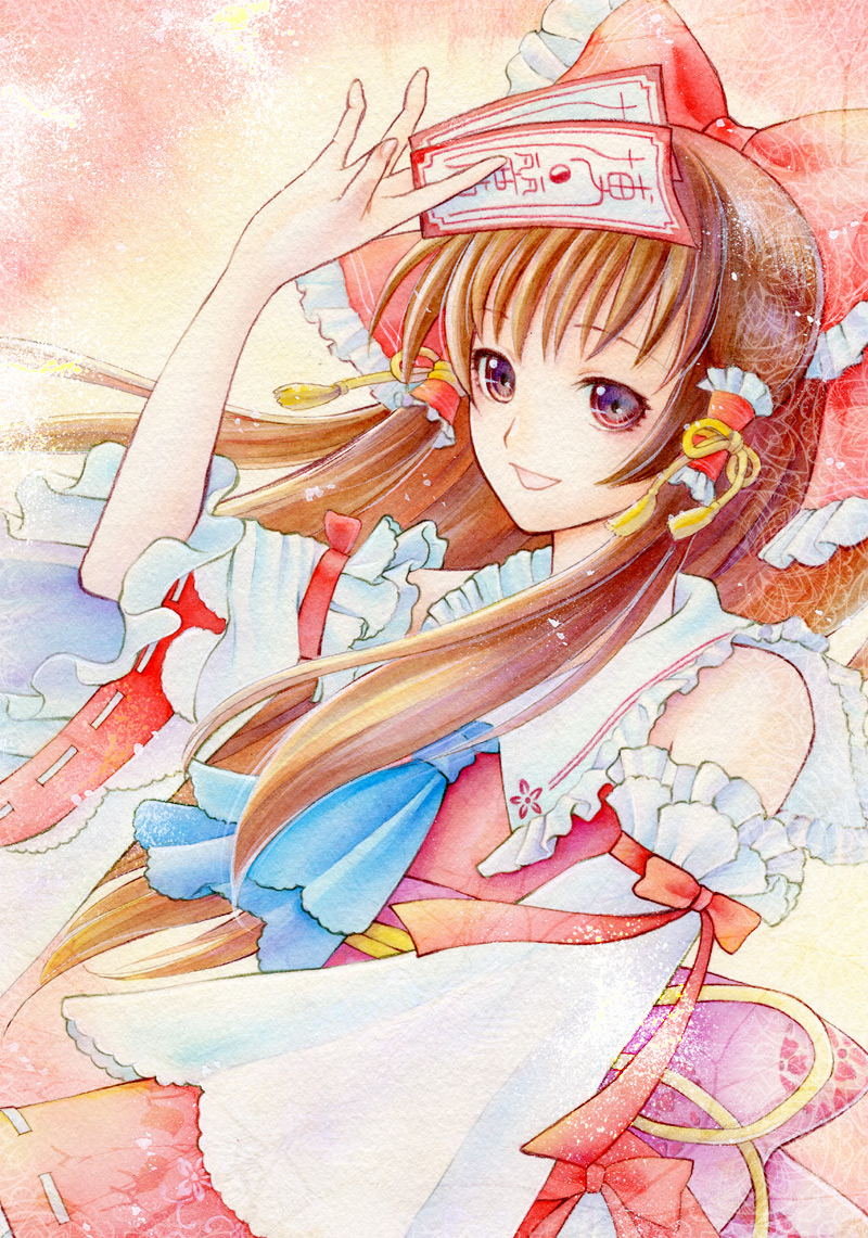 acrylic_paint_(medium) alternate_eye_color ascot between_fingers bow brown_hair embellished_costume floating_hair hair_bow hair_tubes hakurei_reimu long_hair multicolored_eyes ofuda open_mouth ribbon sennco smile solo touhou traditional_media wind