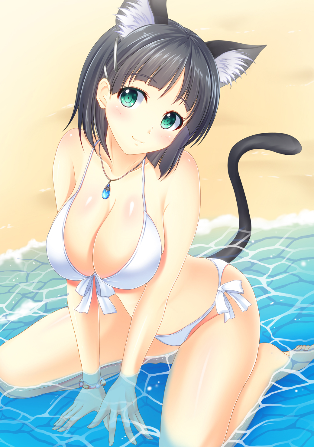 animal_ears arm_support bikini black_hair bracelet breasts cat_ears cat_tail cleavage front-tie_top green_eyes highres jewelry kirigaya_suguha large_breasts looking_at_viewer partially_submerged pasdar pendant shiny shiny_skin short_hair sitting smile solo swimsuit sword_art_online tail wariza water white_bikini