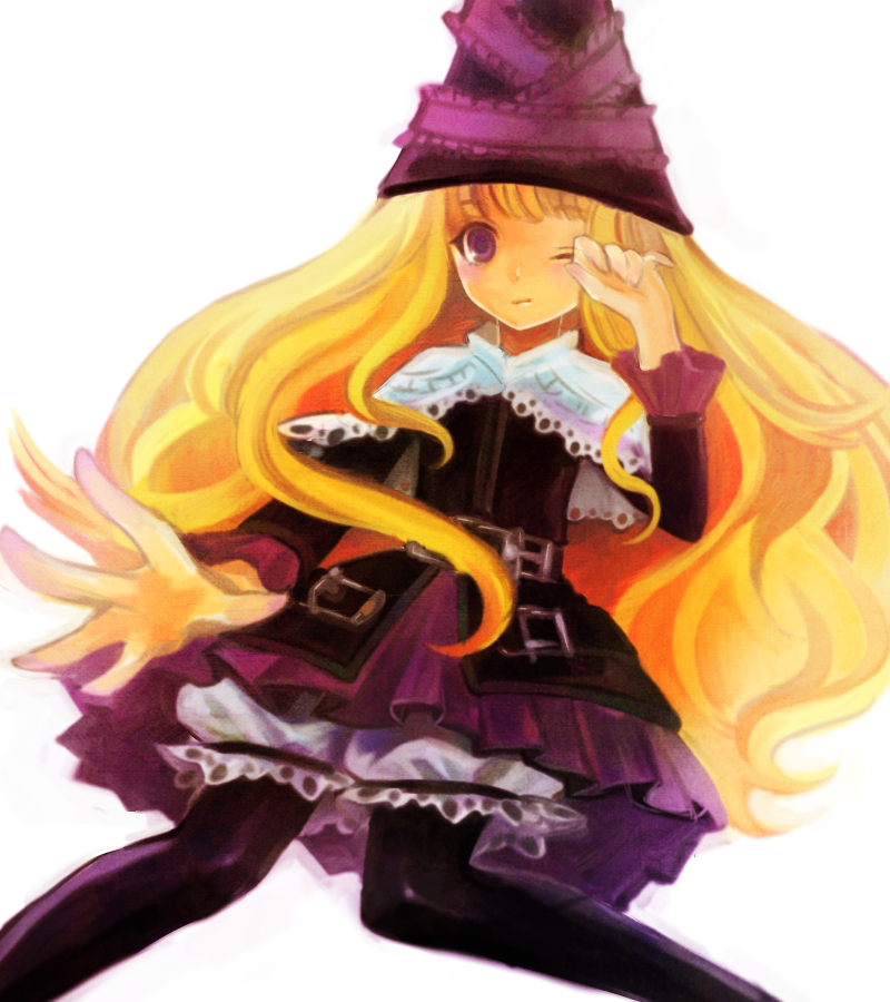1girl black_legwear blonde_hair grimgrimoire hat hinata_(waterdrop) lillet_blan long_hair outstretched_arm outstretched_hand pantyhose simple_background solo violet_eyes white_background wink wizard_hat