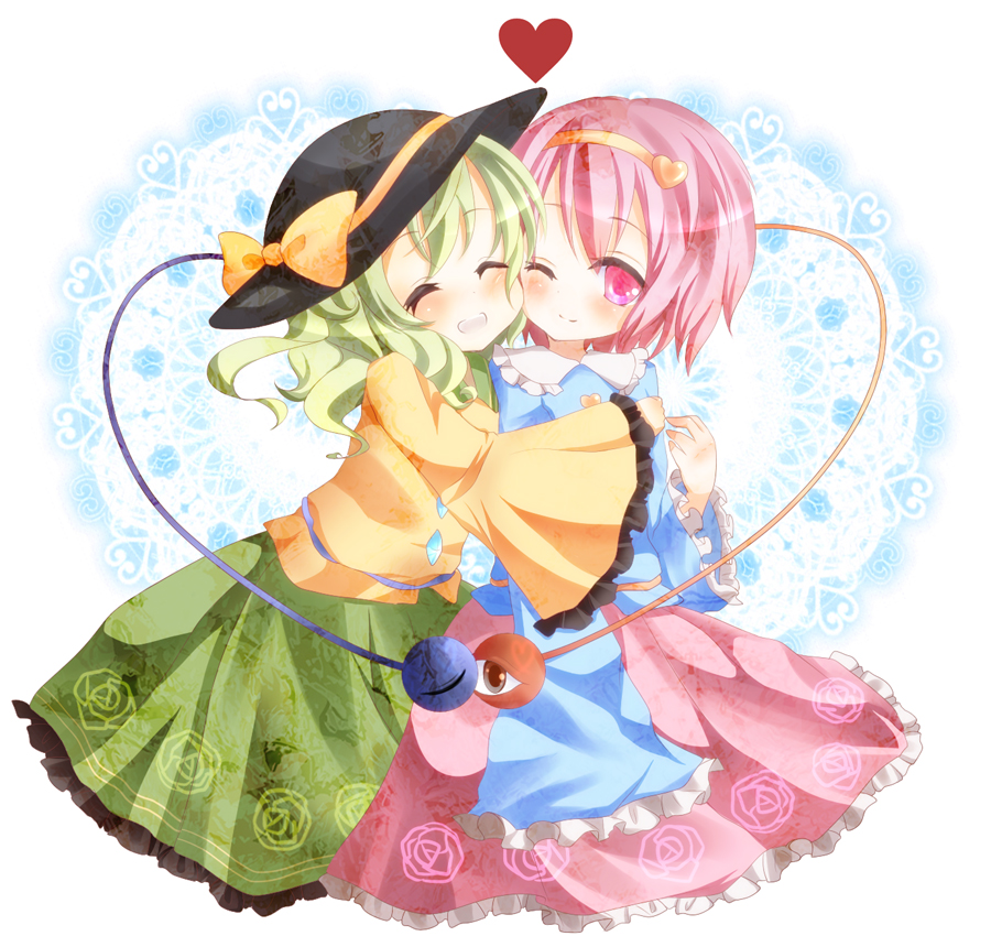 blush cheek-to-cheek closed_eyes eyes_closed floral_print green_hair hairband hat hat_ribbon heart hug komeiji_koishi komeiji_satori long_hair long_sleeves multiple_girls open_mouth pink_eyes pink_hair ribbon sakura_(kasupi) shirt siblings sisters skirt smile third_eye touhou wide_sleeves wink