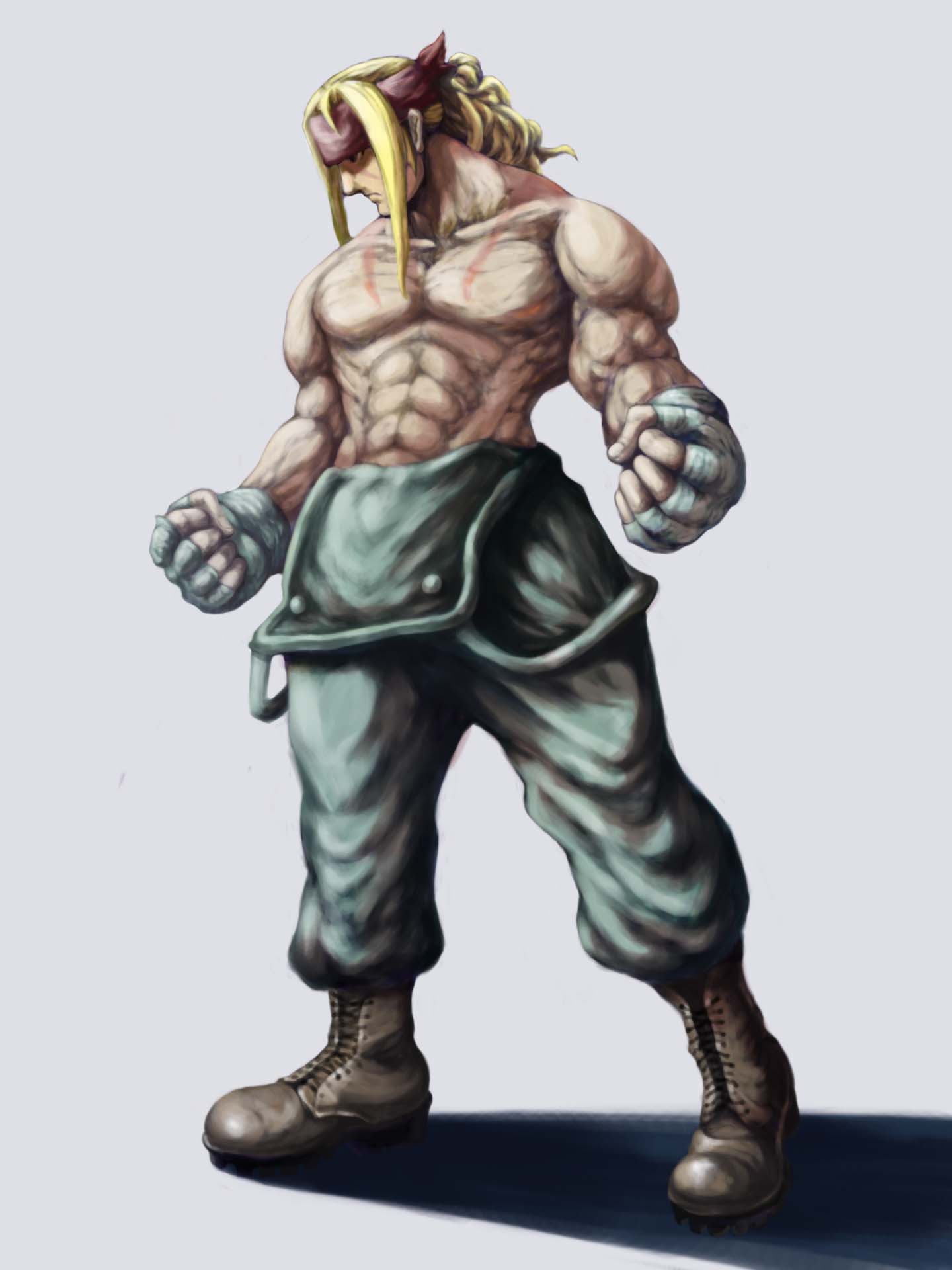 abs alex blonde_hair blue_eyes boots clenched_hands fingerless_gloves gloves highres long_hair muscle overalls scar shirtless solo street_fighter street_fighter_iii towel5656
